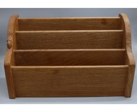 Robert Mouseman Thompson of Kilburn - an oak three division letter rack, shaped sides carved with signature mouse, W33cm D13c