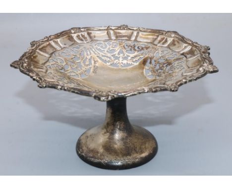 Edward V11 silver pedestal dish, with pierced scroll decoration in Chippendale style border, by Sharman D Neill Ltd Chester 1