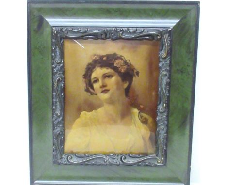 Victorian Crystoleum head and shoulder portrait of a young lady, in marble effect frame with relief moulded slip, 24cm x 19cm