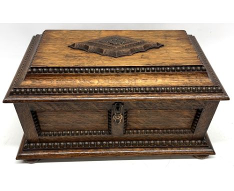 Victorian oak rectangular jewellery or sewing box, bobbin moulded panels with hinged lid and lozenge cartouche, fitted interi