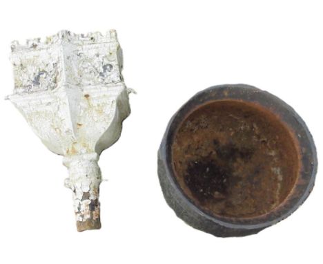 Victorian cast iron hopper head with castellated top and Fleur-de-lis decoration, W36cm D28cm H64cm, and a cast iron three le