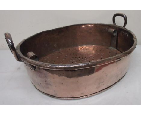 Large 18th/19thC country house oval copper fish kettle, rounded edges, twin handles and lift out drainer, W65cm D53 H26cmShip