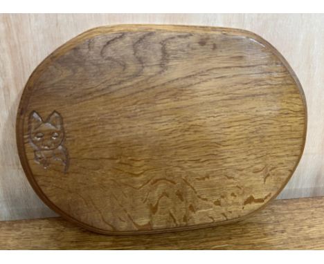 Lyndon Cat & Mouseman Hammell - an adzed oak oval cheese board, incised with signature cat and mouse, W30cm D21.5cm H2cm. Pro