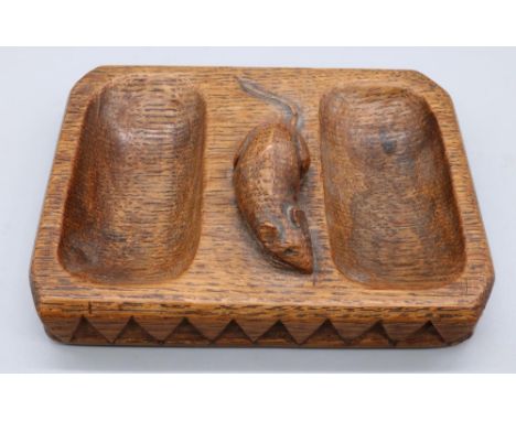 Robert Mouseman Thompson of Kilburn - an oak rectangular double pin tray, with dog tooth carved detail and signature mouse, W