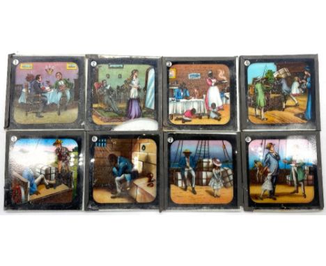 Collection of twenty four Victorian glass Magic Lantern slides, numbered 1-24, including on board ship, cotton plantations, i