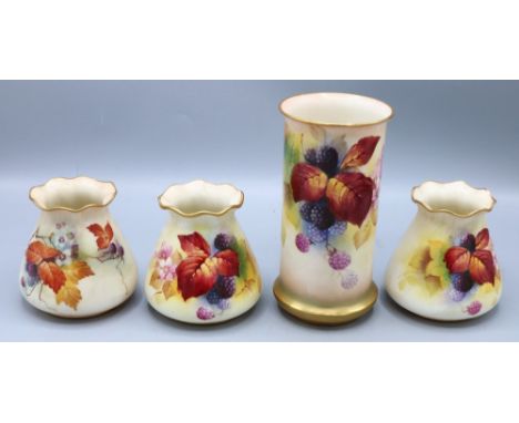 Collection of Royal Worcester vases painted with leaves and berries, comprising one cylindrical vase, H15cm, and three squat 