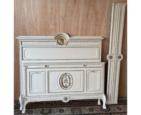 Mercier Freres Paris - early 20th century cream painted and gilt bed, panelled head and footboards with portrait medallion cr