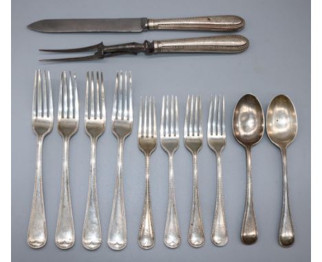 Set of four Victorian beaded Old English pattern table forks, a set of dessert forks and a spoon, Chawner & Co. London 1881, 