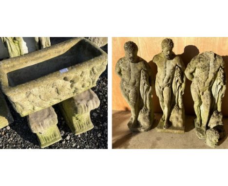 Three weathered composition models of Greek Gods, a pair of similar bench supports and a rectangular planter (6)Two Gods damg