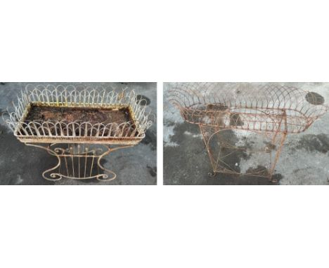Wirework rectangular conservatory planter, on wrought metal scroll base, and a similar planter, W79cm D40cm, H85cm max (2)POA