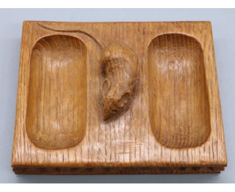 Robert Mouseman Thompson of Kilburn - an oak rectangular double pin tray, with carved detail and signature mouse, W12cm D9.5c