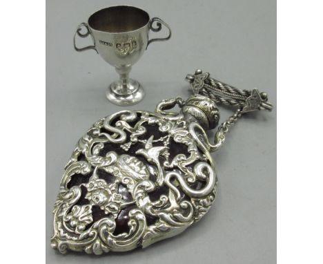 Edward V11 miniature silver two handled trophy cup, by Gourdel Vales & Co Birmingham 1907, H3cm and a Victorian ruby glass sc