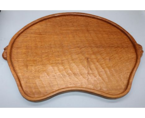 Robert Mouseman Thompson of Kilburn - adzed oak kidney shaped tray with two signature mouse carved handles, W47cm D33cmShippi