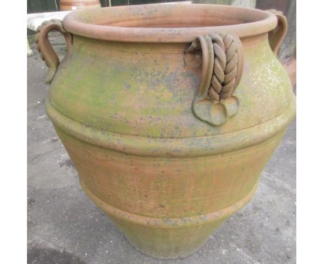 Large terracotta garden planter, banded circular tapering body with four rope twist moulded handles W55cm D55cm H60cmPOA  htt