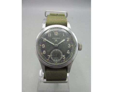 Record WWII British Military Issue 'Dirty Dozen' plated wristwatch, signed black Arabic dial with Broad Arrow, subsidiary sec