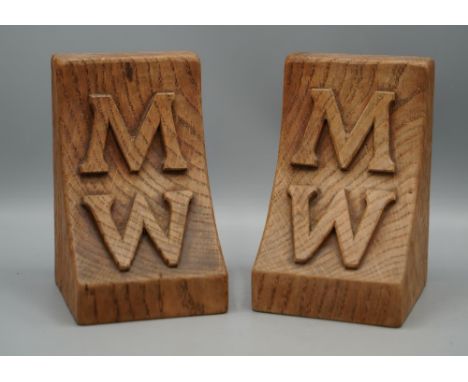 Robert Mouseman Thompson of Kilburn - a pair of oak bookends, relief carved with initials M.W, incised on side with signature