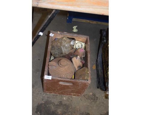 Wooden box containing various tins, tobacco tins, machine makers lasts and engraved glass caddy with stopper