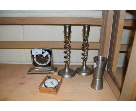 Mixed Lot: Chrome decorated mantel clock, candlesticks and other items
