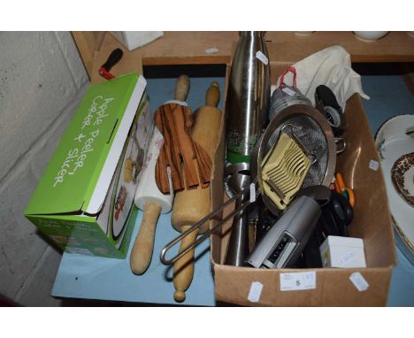 Quantity of various assorted kitchen wares, rolling pin etc