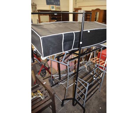 Mixed Lot: Metal clothes rail, metal shelving, shoe rack, fabric covered shelf unit etc