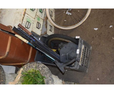 Box of various rackets, outdoor lantern etc