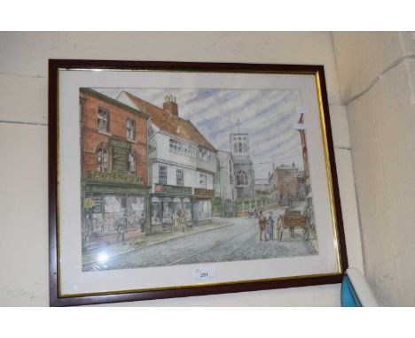 Coloured print, street scene