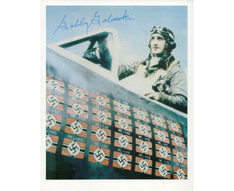 WW2 Top US Fighter ace Lt Col Francis Gabby Gabreski signed 10 x 8 colour photo in his cockpit, with A4 biography. Francis St