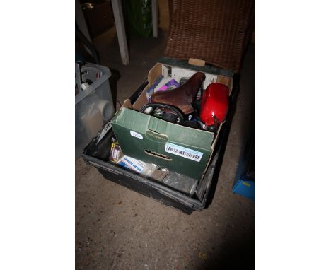 A quantity of various miscellaneous items to include a Brooks bike saddle, 12v air compressor, fishing reel, bike pumps and a