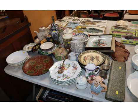 A collection of various china including Johnson Brothers 'Fresh Fruit' patterned plates, table lamp, figurine, vases, wall pl