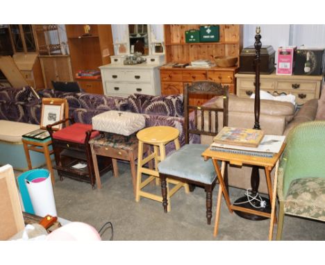 A kitchen chair; piano stool, three other stools; a dining chair; a pine folding table and a standard lamp
