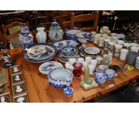 A collection of decorative china to include Delft vase and cover, a Mason's Ironstone blue and white vase and cover, various 
