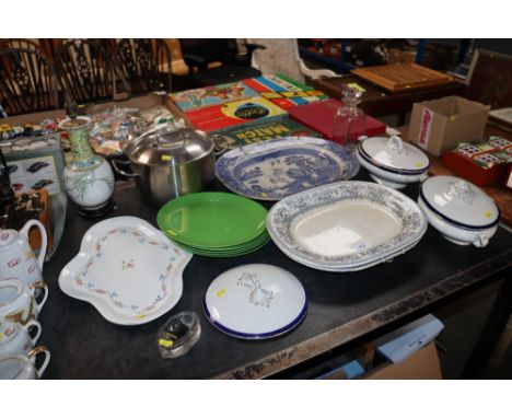 A collection of various china including blue and white 'Willow Pattern' meat plate, Oriental table lamp, tureens etc.