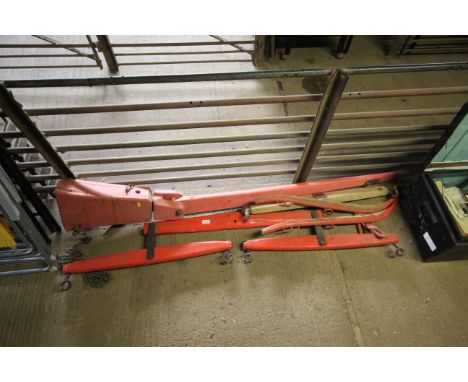 A vintage wooden cart jack, double Wippletree, single Wippletree and paid of horse hames 