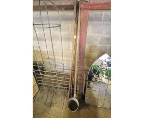 A vintage drainage scoop, a vintage ditching tool and various other vintage long handled garden tools