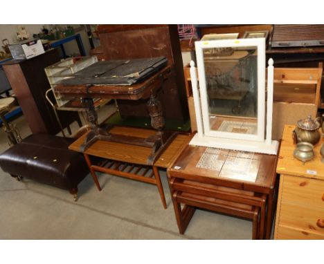 A nest of three teak and tile topped occasional tables together with a white painted swing framed mirror and an oak stretcher