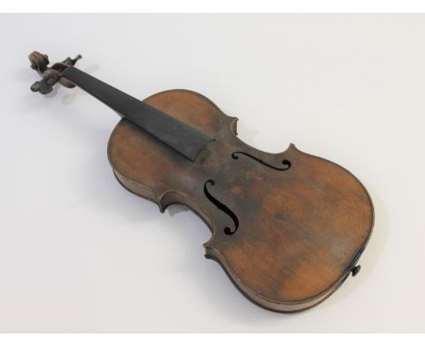 An antique violin with a one piece back and ebony tuning pegs, in a fitted mahogany case and with one violin bow. Violin 59cm