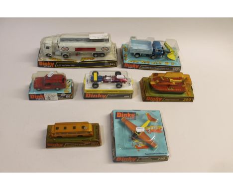 7 bubble wrapped models including 439 Ford Snow Plough (dark blue cab, light blue tipper), 195 Fire Chief's Car, 290 SRN Hove