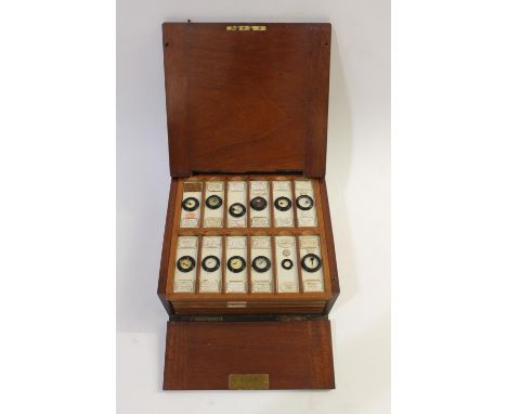 An interesting collection of antique microscope slides. Including a mahogany cabinet with 12 drawers containing 12 slides in 