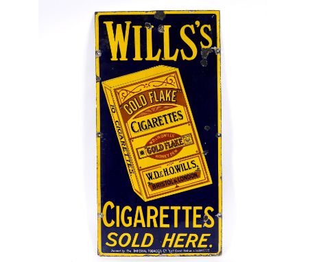 A vintage pictorial enamel sign for Will's Gold Flake Cigarettes, issued by the Imperial Tobacco Co. With holes around the ed