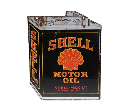 A vintage oil can shaped enamel double sided enamel sign, for 'Shell Motor Oil, Shell Mex Ltd'. With pierced holes to the top