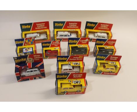 Various boxed Dinky Toys including 120 Happy Cab, 410 Bedford Van, 288 Cadillac Ambulance (x3), 284 London Taxi (x2), 241 Sil