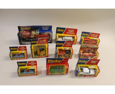 A collection of 17 boxed Dinky Toys including 300 London Scene, 288 Superior Cadillac, 128 Mercedes Benz, 122 Volvo Estate, 2