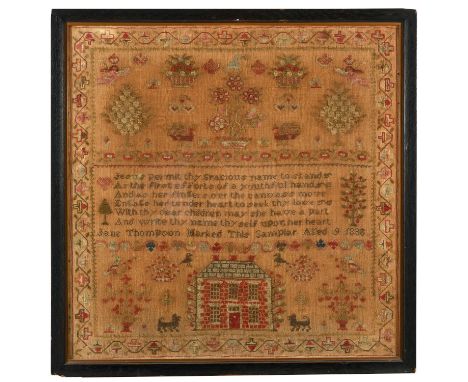 A large square sampler with a central religious prose, surrounded by a house, vases of flowers, animals and cherubs. Marked f