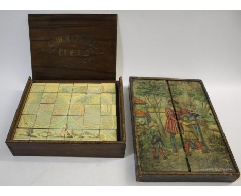 Probably by Phillips, a set of 30 cubes in its original wooden box and marked 'Geographical Cubes'. Also with another boxed c