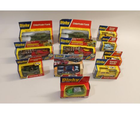 A collection of boxed Dinky Toys, including 683 Chieftain Tank (x2), 201 Plymouth Stock Car, 192 Range Rover (x2), 267 Parame