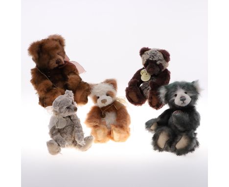 Five various Charie Bears, including Primrose (CB183962A), Kit (CB094084), Fuddy (CB104716C), Samara (CB094328, 276 of 450 ma