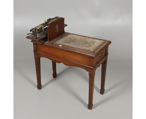 A set of oak Edwardian jockey scales with brass and metal fittings and embroidered seat. Marked 'W &amp; T, Avery, Birmingham