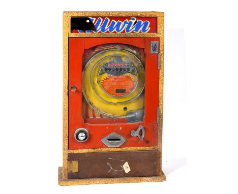 A vintage slot machine, the 'Allwin Supreme Place Penny in the Slot' machine, with a wooden case and glass panel (glass broke