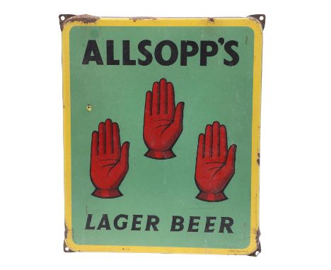A vintage enamel sign for 'Allsopp's Lager Beer', with a green ground and yellow border and marked 'Langcat, Bussum, Holland.