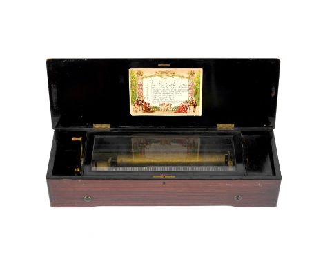 A large music box with a 12 air mechanism and change/repeat and start/stop levers. The songsheet with a list of tunes and mar